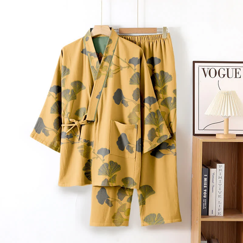 Großer Kimono-Pyjama aus Baumwolle mit Ginkgoblättern