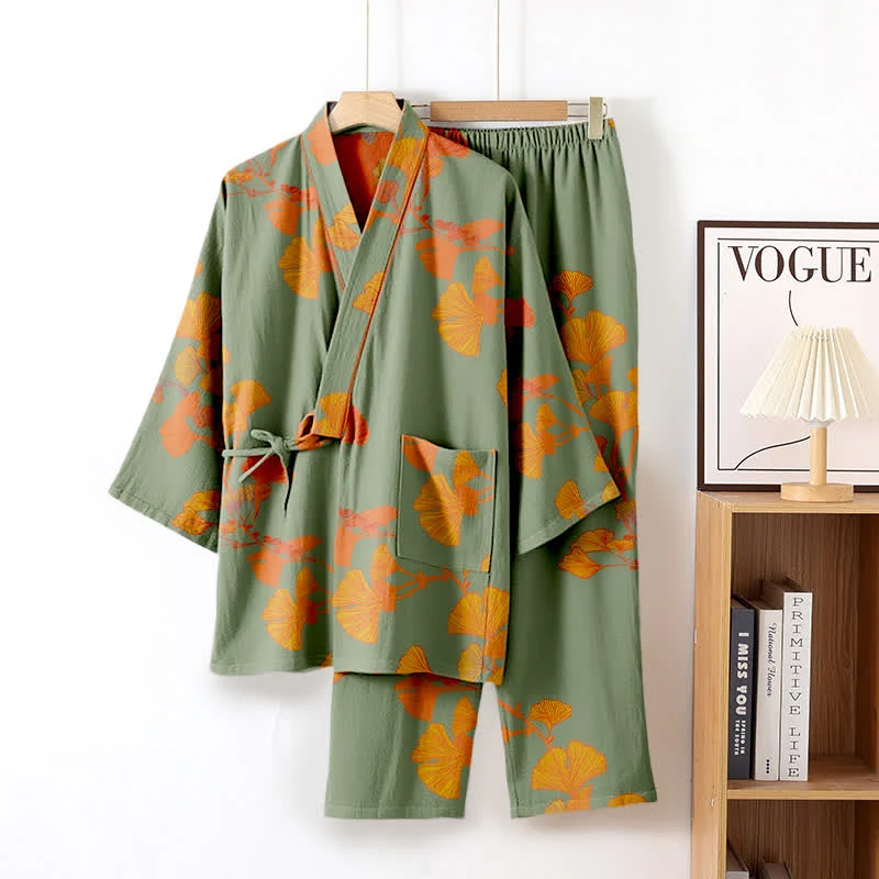 Großer Kimono-Pyjama aus Baumwolle mit Ginkgoblättern