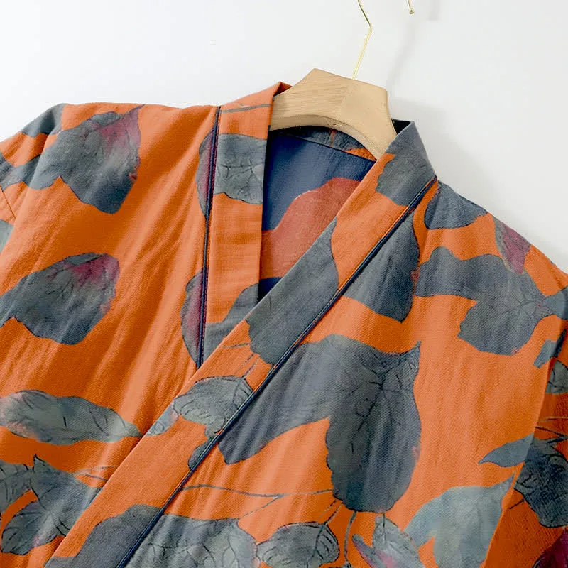 Loungewear-Set aus Baumwoll-Kimono mit botanischem Blattmuster