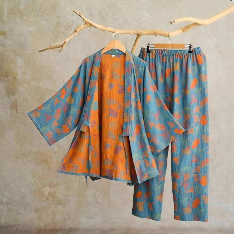 Kimono-Loungewear-Set aus Ginkgo-Baumwollgaze