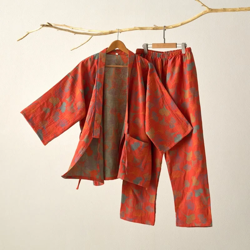 Kimono-Loungewear-Set aus Ginkgo-Baumwollgaze