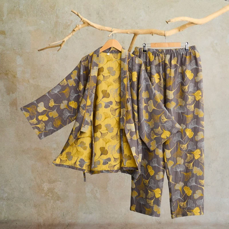 Kimono-Loungewear-Set aus Ginkgo-Baumwollgaze