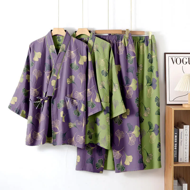 Kimono-Loungewear-Set aus Ginkgo-Baumwollgaze