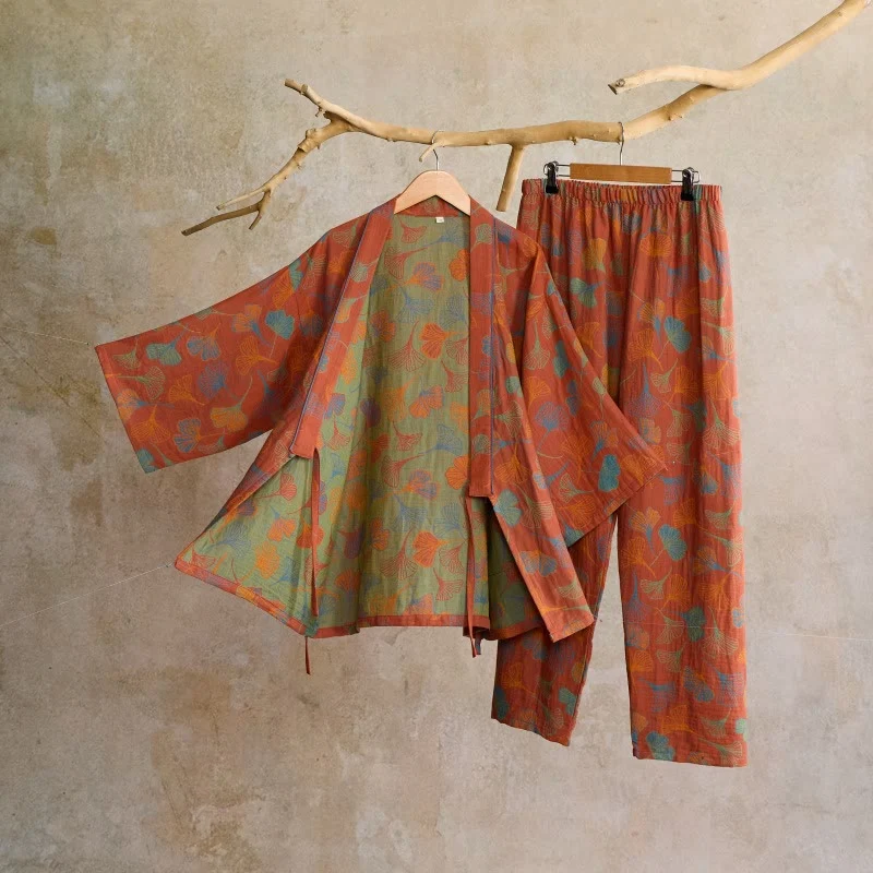 Kimono-Loungewear-Set aus Ginkgo-Baumwollgaze