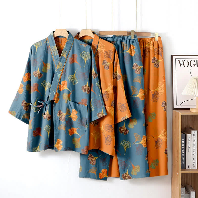 Kimono-Loungewear-Set aus Ginkgo-Baumwollgaze