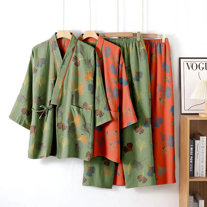 Kimono-Loungewear-Set aus Ginkgo-Baumwollgaze