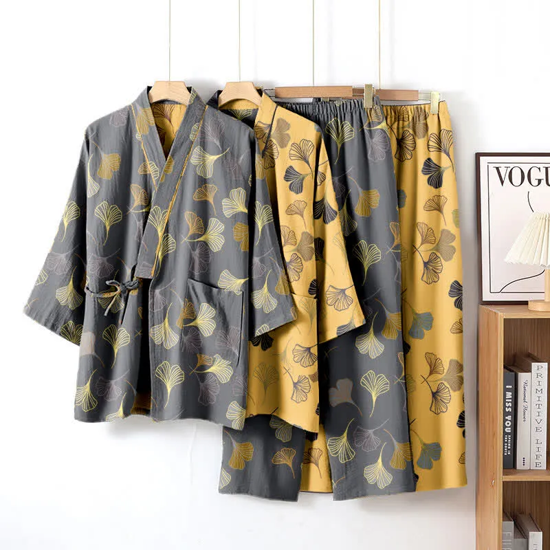 Kimono-Loungewear-Set aus Ginkgo-Baumwollgaze