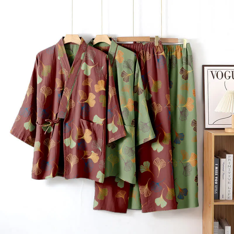 Kimono-Loungewear-Set aus Ginkgo-Baumwollgaze