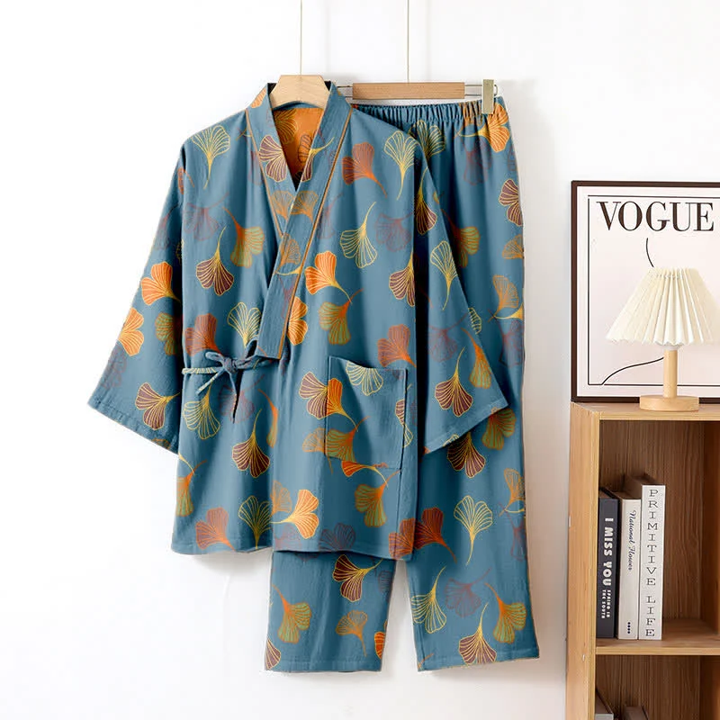 Kimono-Loungewear-Set aus Ginkgo-Baumwollgaze
