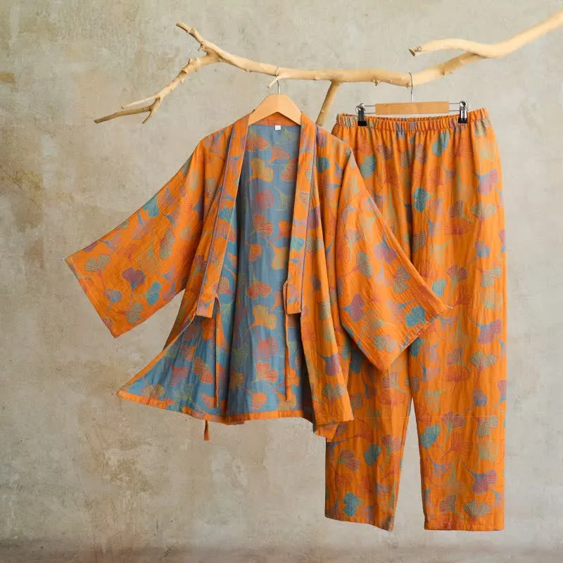 Kimono-Loungewear-Set aus Ginkgo-Baumwollgaze