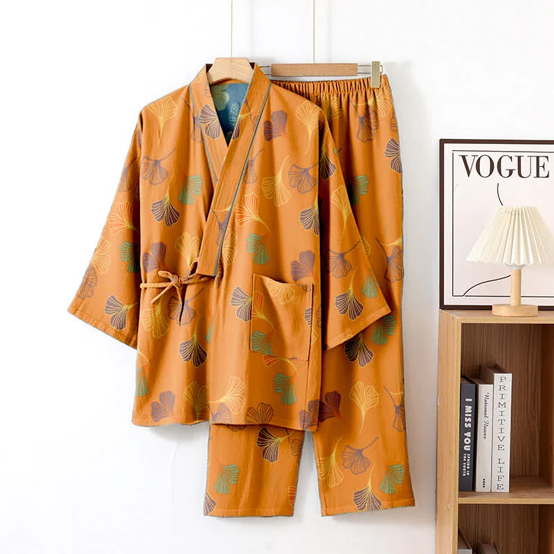 Kimono-Loungewear-Set aus Ginkgo-Baumwollgaze