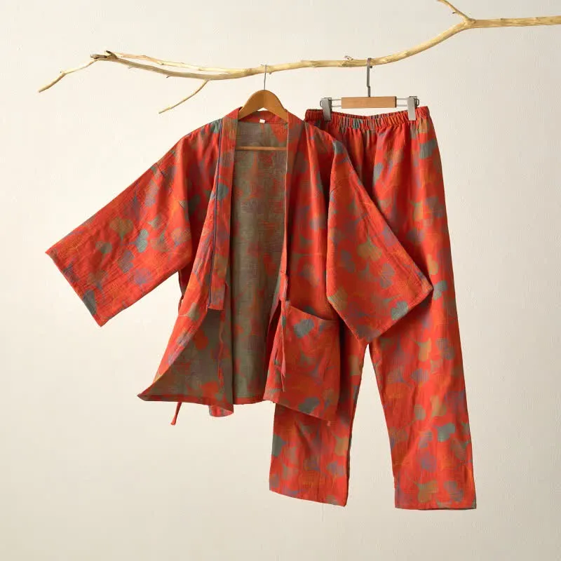 Kimono-Loungewear-Set aus Ginkgo-Baumwollgaze