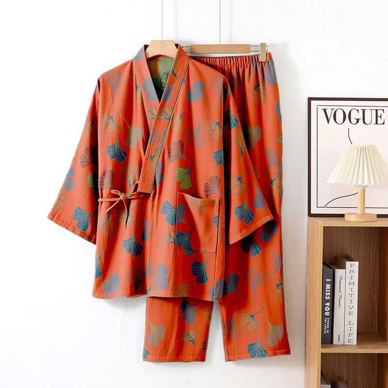 Kimono-Loungewear-Set aus Ginkgo-Baumwollgaze