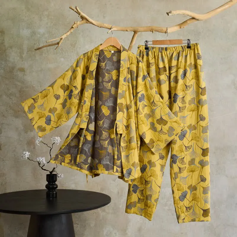 Kimono-Loungewear-Set aus Ginkgo-Baumwollgaze