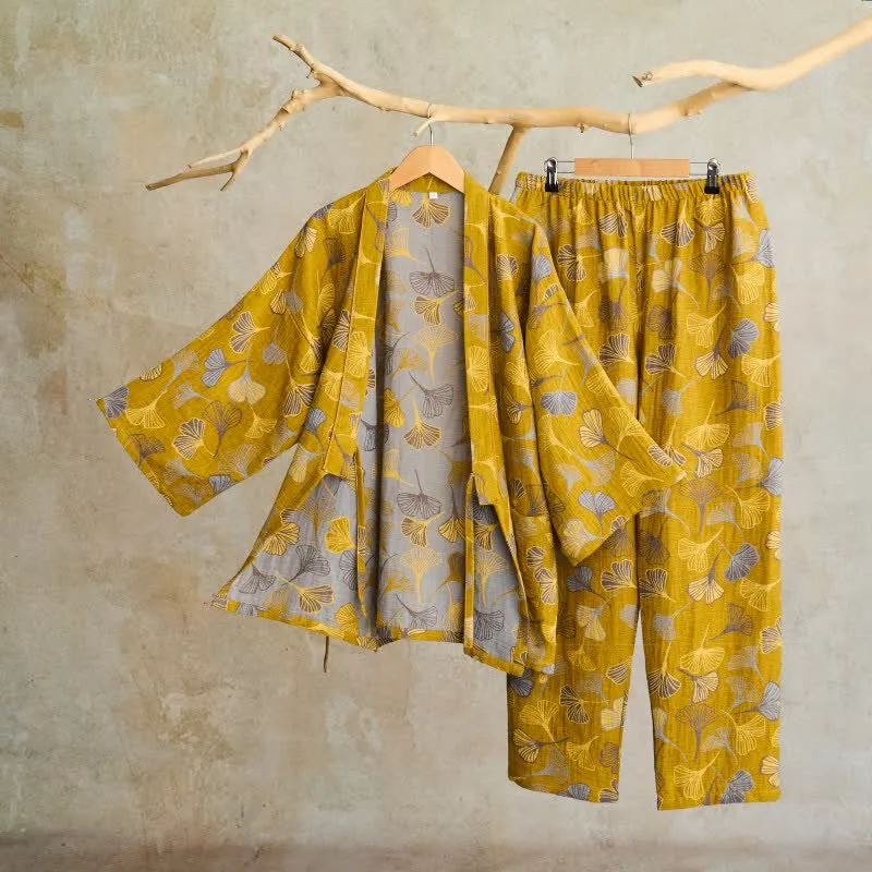 Kimono-Loungewear-Set aus Ginkgo-Baumwollgaze
