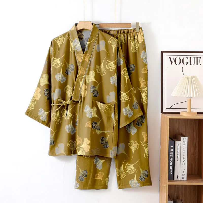 Kimono-Loungewear-Set aus Ginkgo-Baumwollgaze