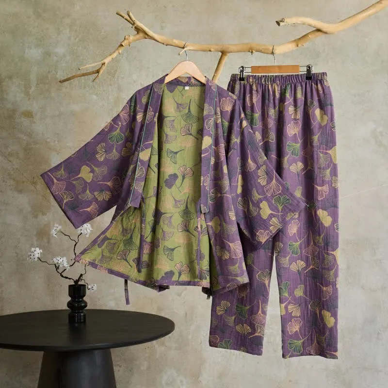 Kimono-Loungewear-Set aus Ginkgo-Baumwollgaze