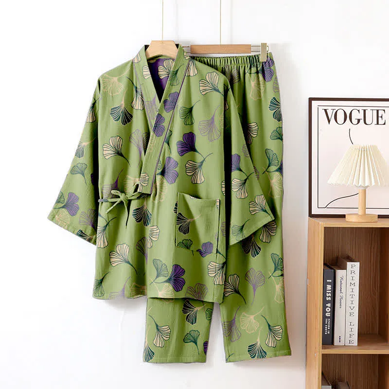 Kimono-Loungewear-Set aus Ginkgo-Baumwollgaze