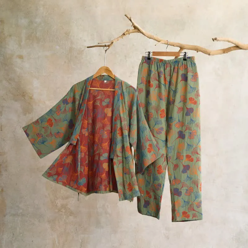 Kimono-Loungewear-Set aus Ginkgo-Baumwollgaze
