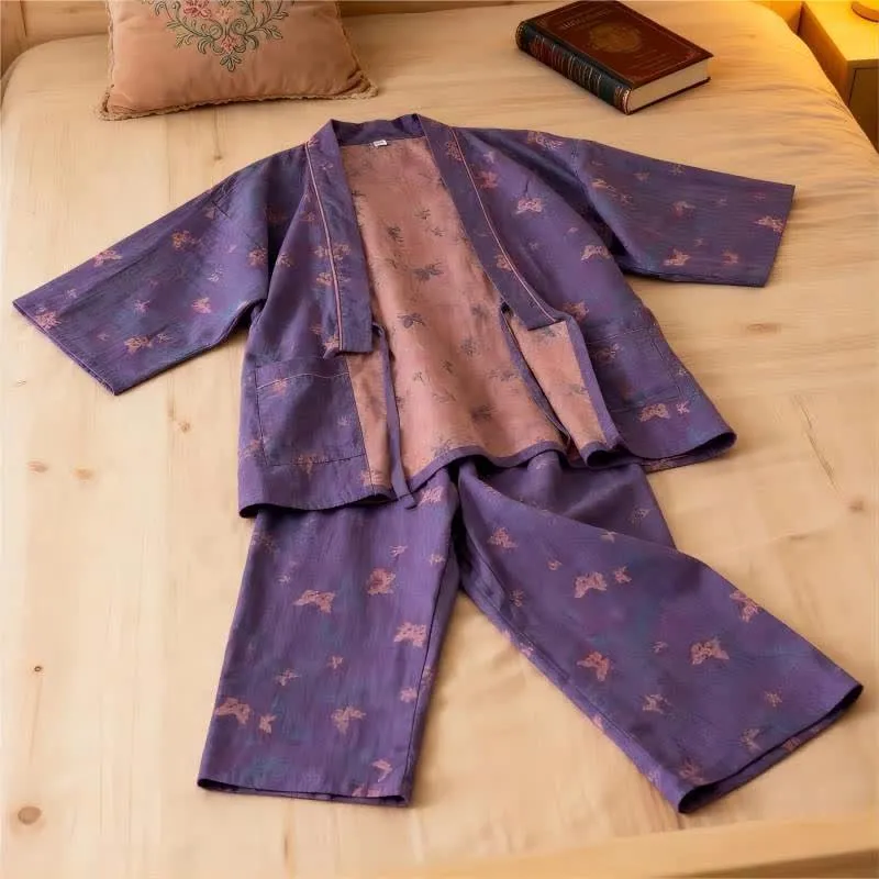 Loungewear-Set aus Baumwollgaze-Kimono mit Schmetterlingsmotiv