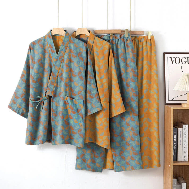 Ginkgoblatt-Kimono-Loungewear-Set aus Baumwolle
