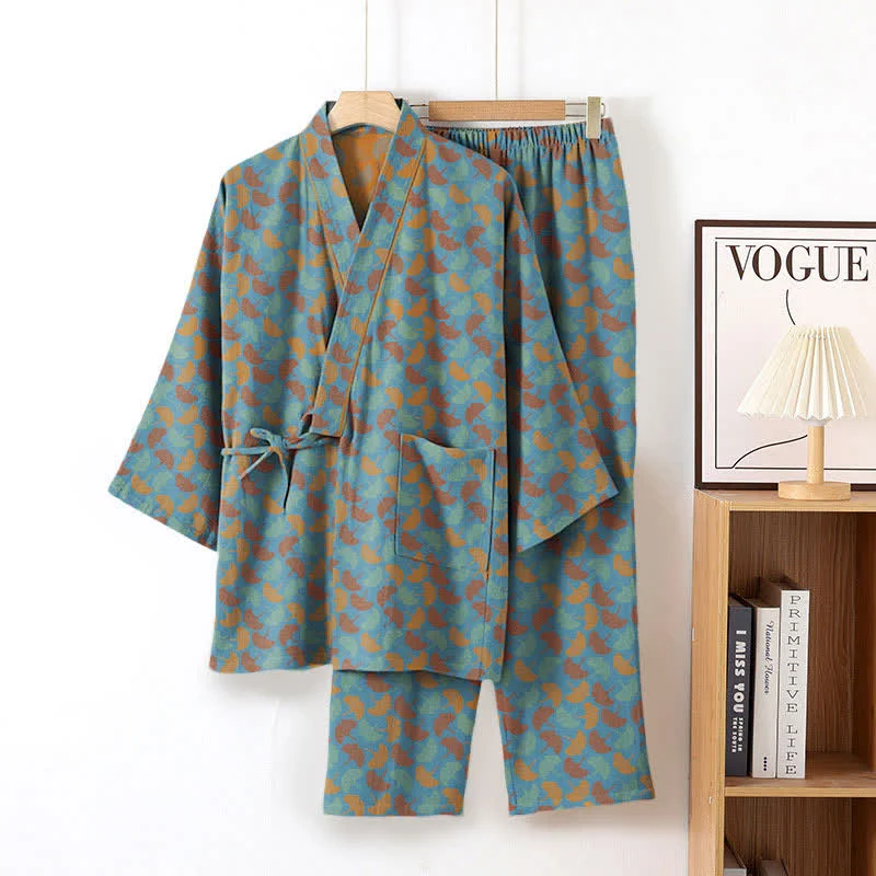 Ginkgoblatt-Kimono-Loungewear-Set aus Baumwolle