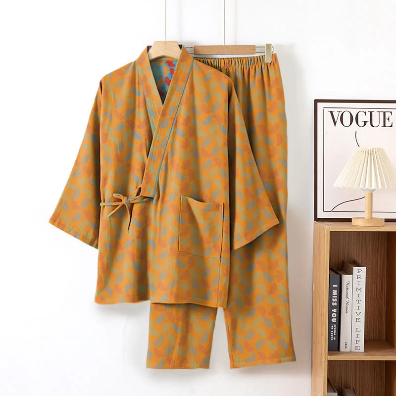 Ginkgoblatt-Kimono-Loungewear-Set aus Baumwolle