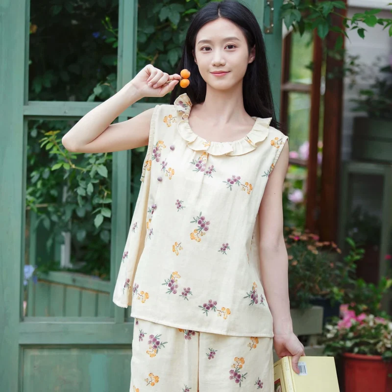 Ärmelloses Loungewear-Set aus Baumwolle mit Loquat-Print