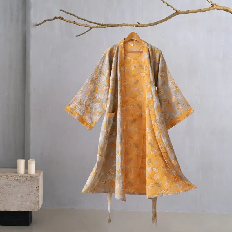 Kimono-Bademantel aus Ginkgo-Biloba-Baumwolle