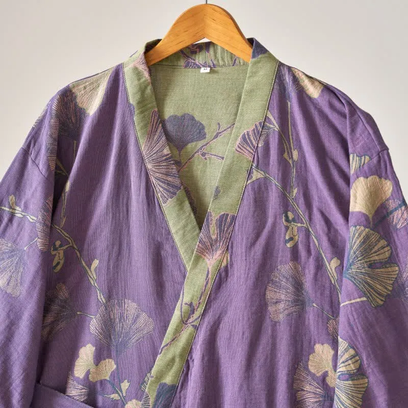 Kimono-Bademantel aus Baumwollgaze und Ginkgo