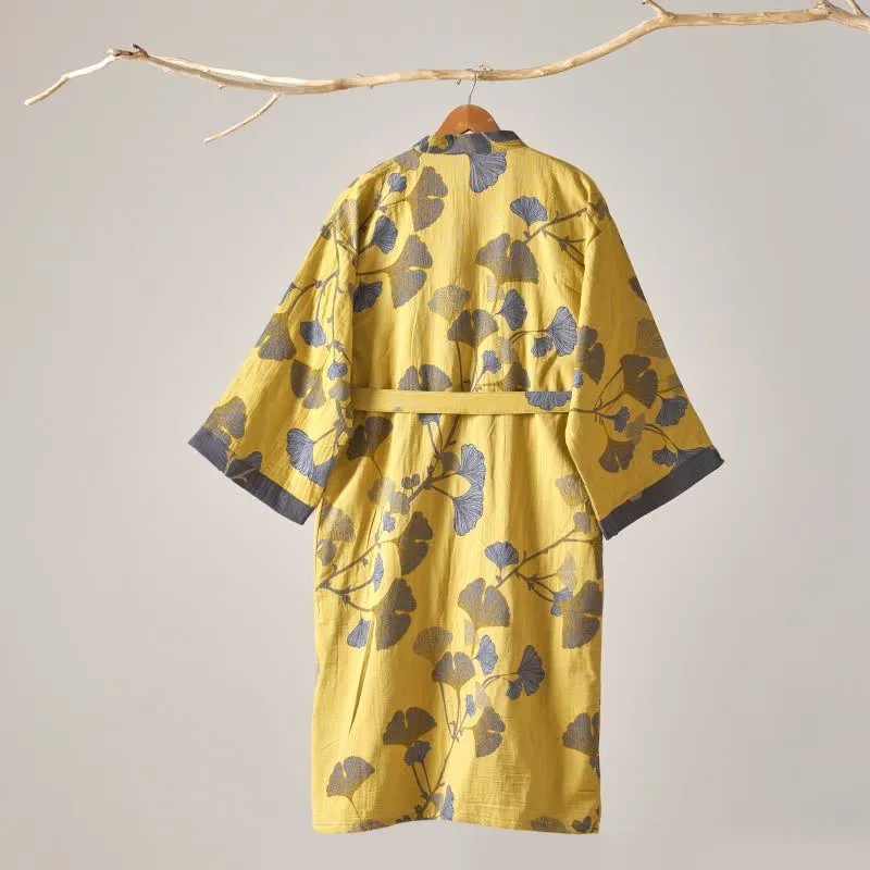 Kimono-Bademantel aus Baumwollgaze und Ginkgo