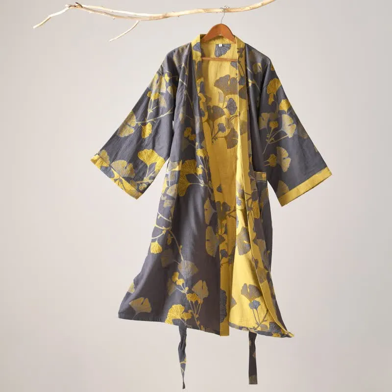 Kimono-Bademantel aus Baumwollgaze und Ginkgo