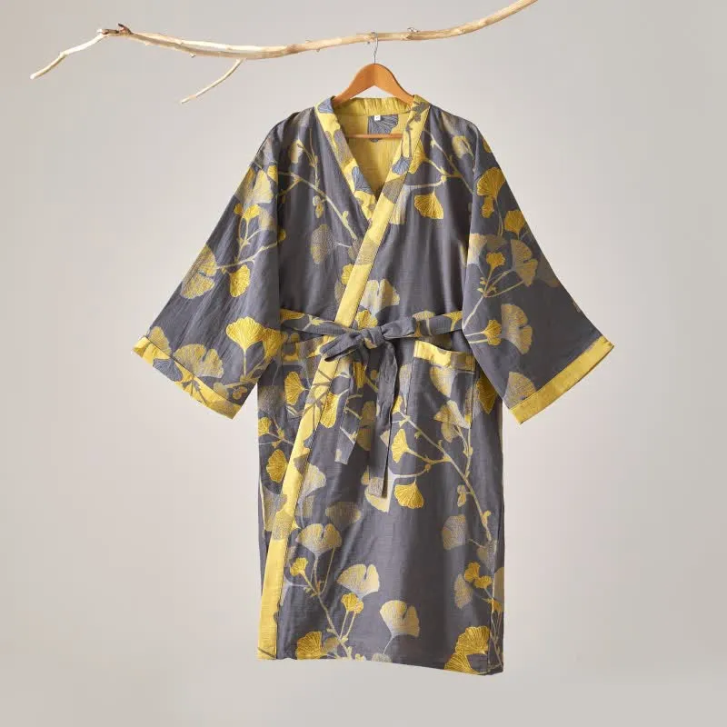 Kimono-Bademantel aus Baumwollgaze und Ginkgo