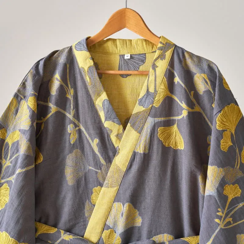 Kimono-Bademantel aus Baumwollgaze und Ginkgo