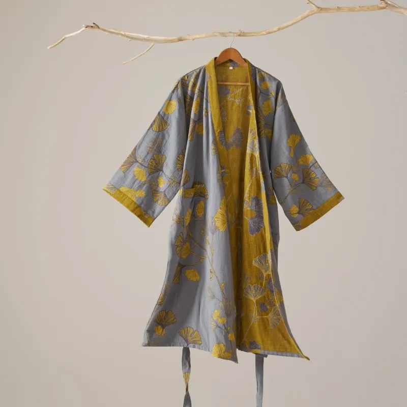 Kimono-Bademantel aus Baumwollgaze und Ginkgo