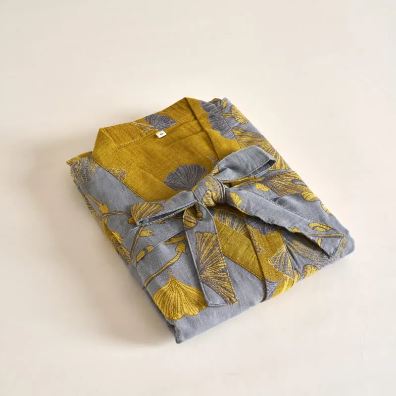 Kimono-Bademantel aus Baumwollgaze und Ginkgo