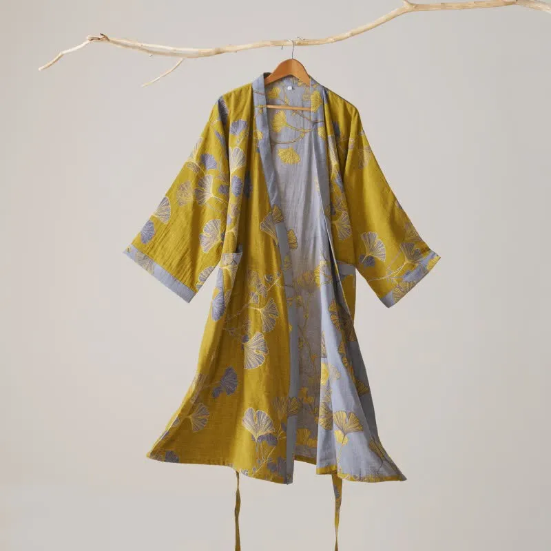 Kimono-Bademantel aus Baumwollgaze und Ginkgo