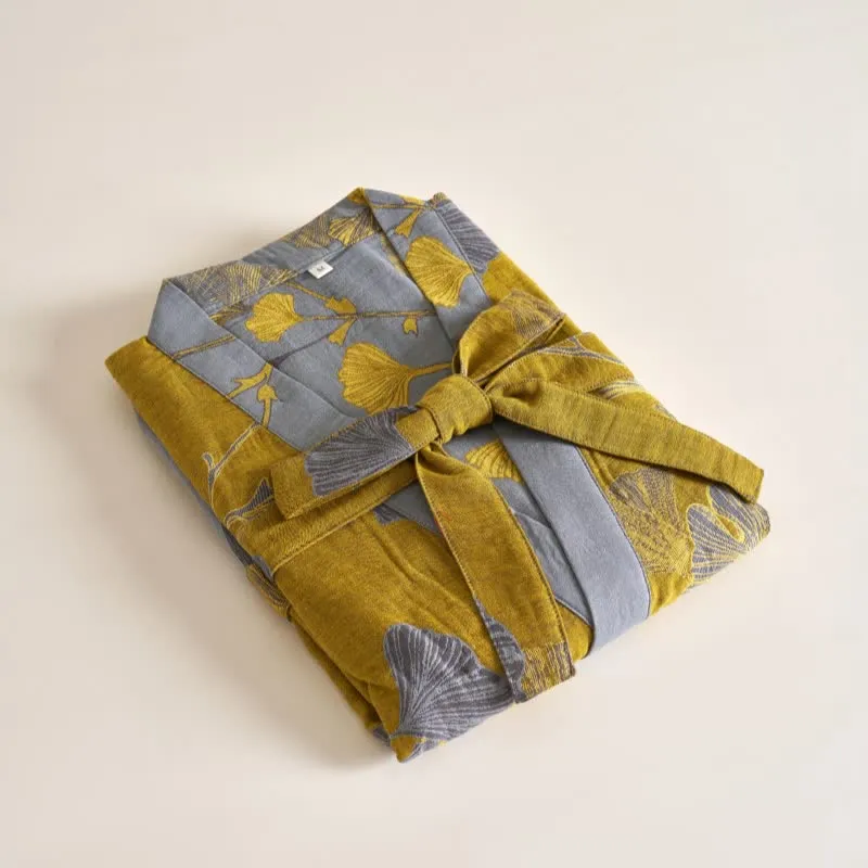 Kimono-Bademantel aus Baumwollgaze und Ginkgo