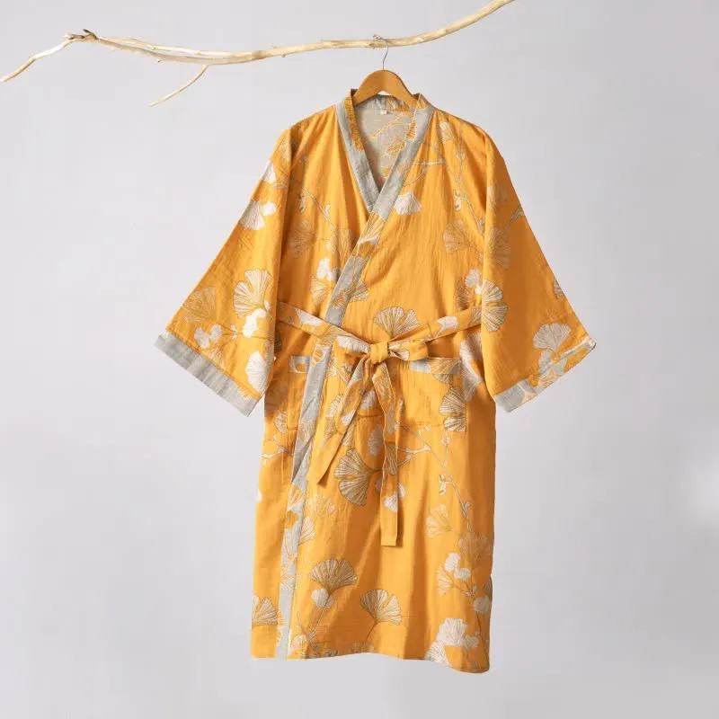 Kimono-Bademantel aus Baumwollgaze und Ginkgo