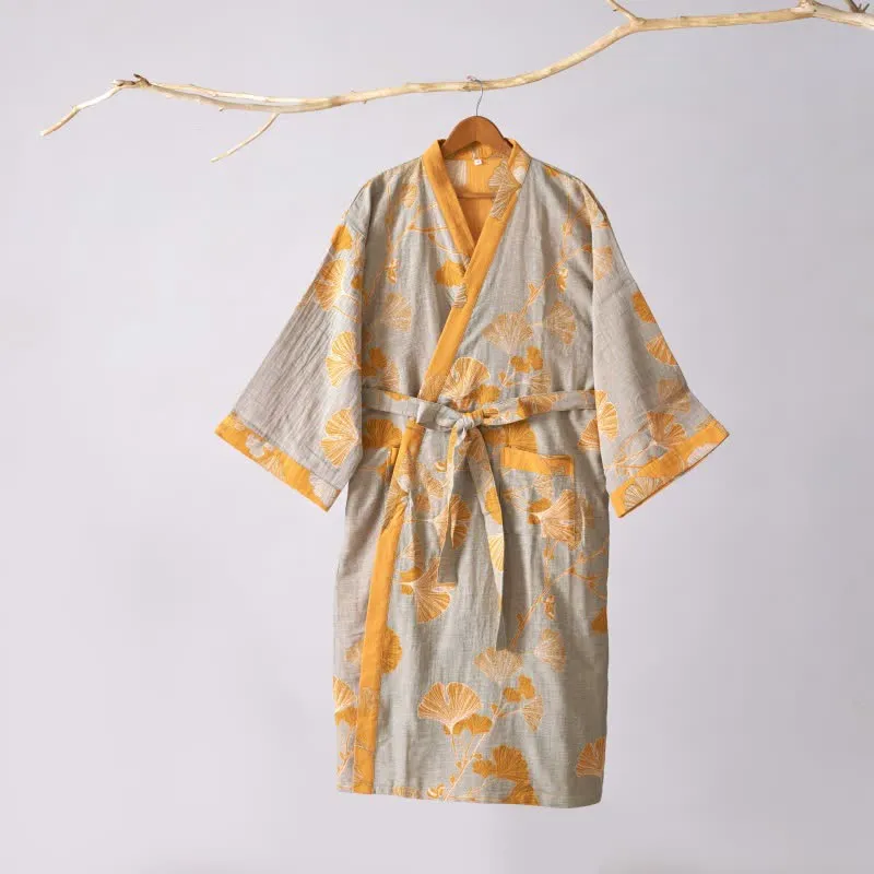 Kimono-Bademantel aus Baumwollgaze und Ginkgo