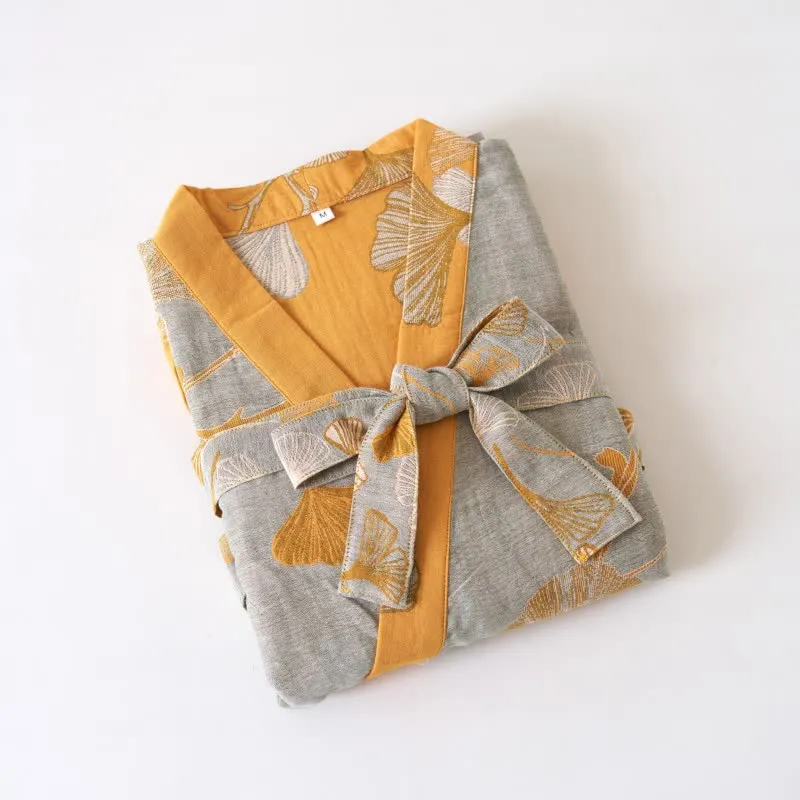 Kimono-Bademantel aus Baumwollgaze und Ginkgo