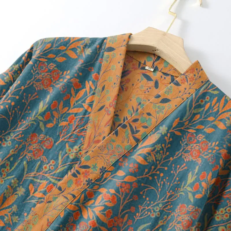 Ownkoti Vintage Kimono-Bademantel aus Baumwollgaze mit Blattmotiven