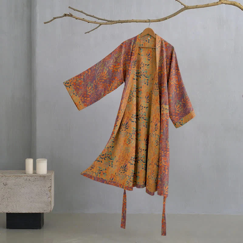 Ownkoti Vintage Kimono-Bademantel aus Baumwollgaze mit Blattmotiven