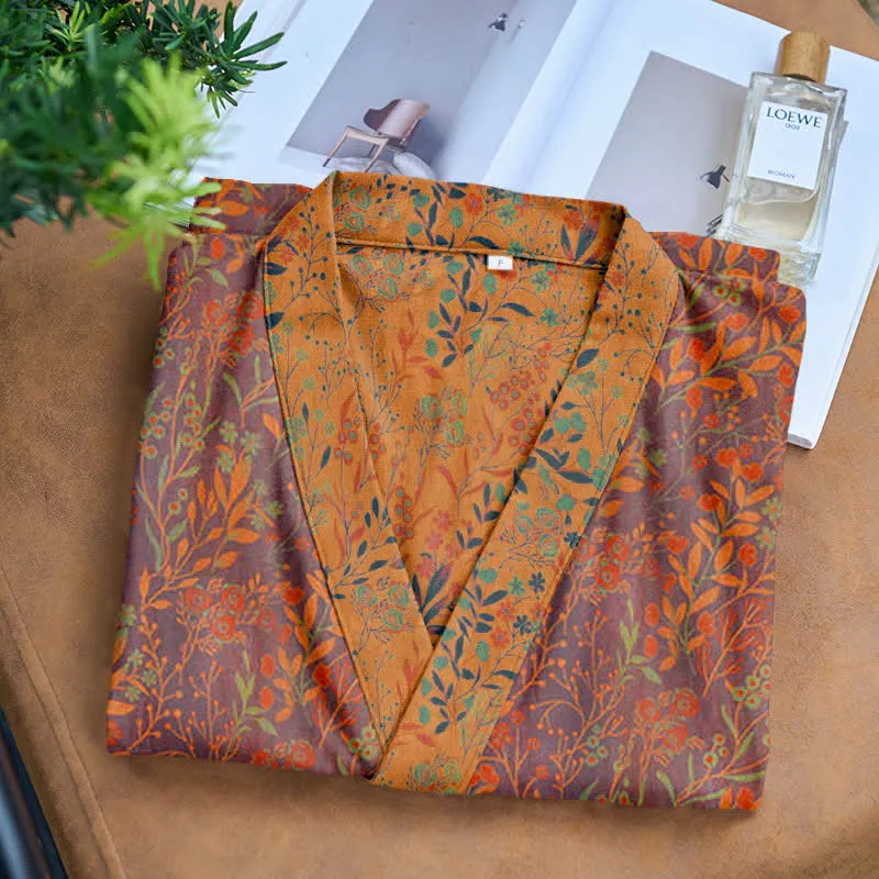 Ownkoti Vintage Kimono-Bademantel aus Baumwollgaze mit Blattmotiven