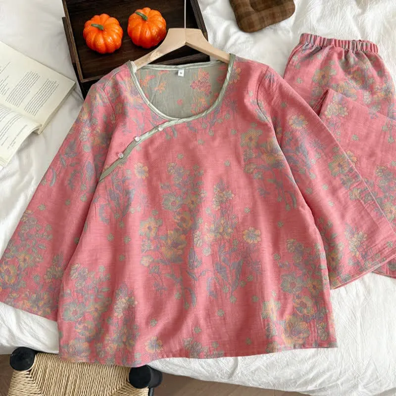 Orientalischer Pyjama aus Baumwollgaze mit rosa Pfingstrosenmuster