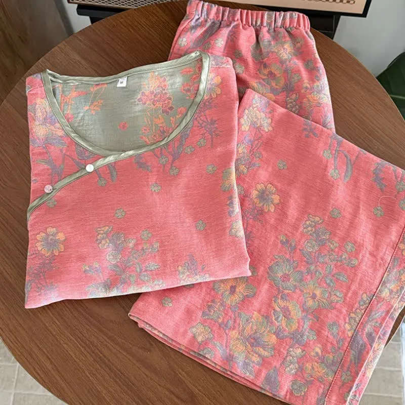 Orientalischer Pyjama aus Baumwollgaze mit rosa Pfingstrosenmuster