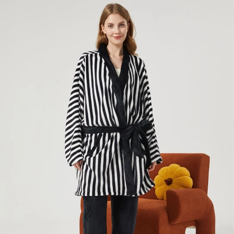 Gestreiftes Kimono-Stil Plüsch-Loungewear-Set