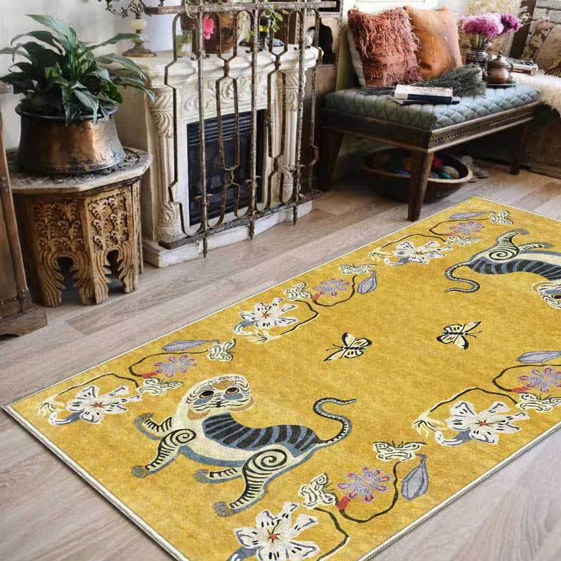 Weicher Vintage-Teppich mit Tiger- und Blumenmuster