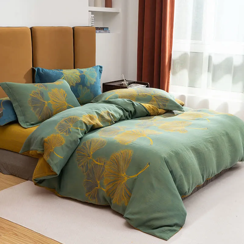 Ginkgo Jacquard Baumwoll-Wendebettwäsche-Set (4-teilig)