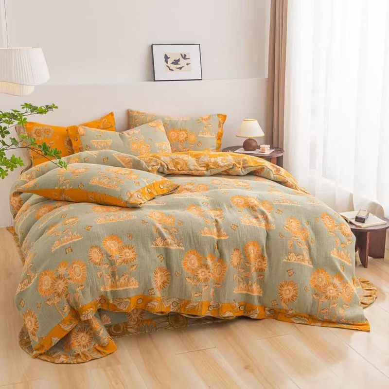 Wende-Bettwäscheset aus Baumwollgaze mit Sonnenblumenmotiv (4-teilig)